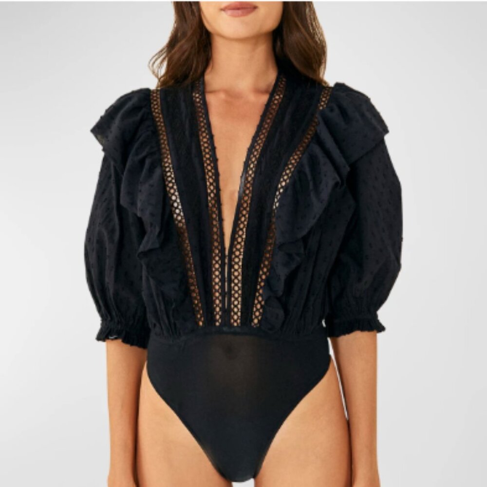 Farm Rio Swiss Dot Ruffle Lace Bodysuit